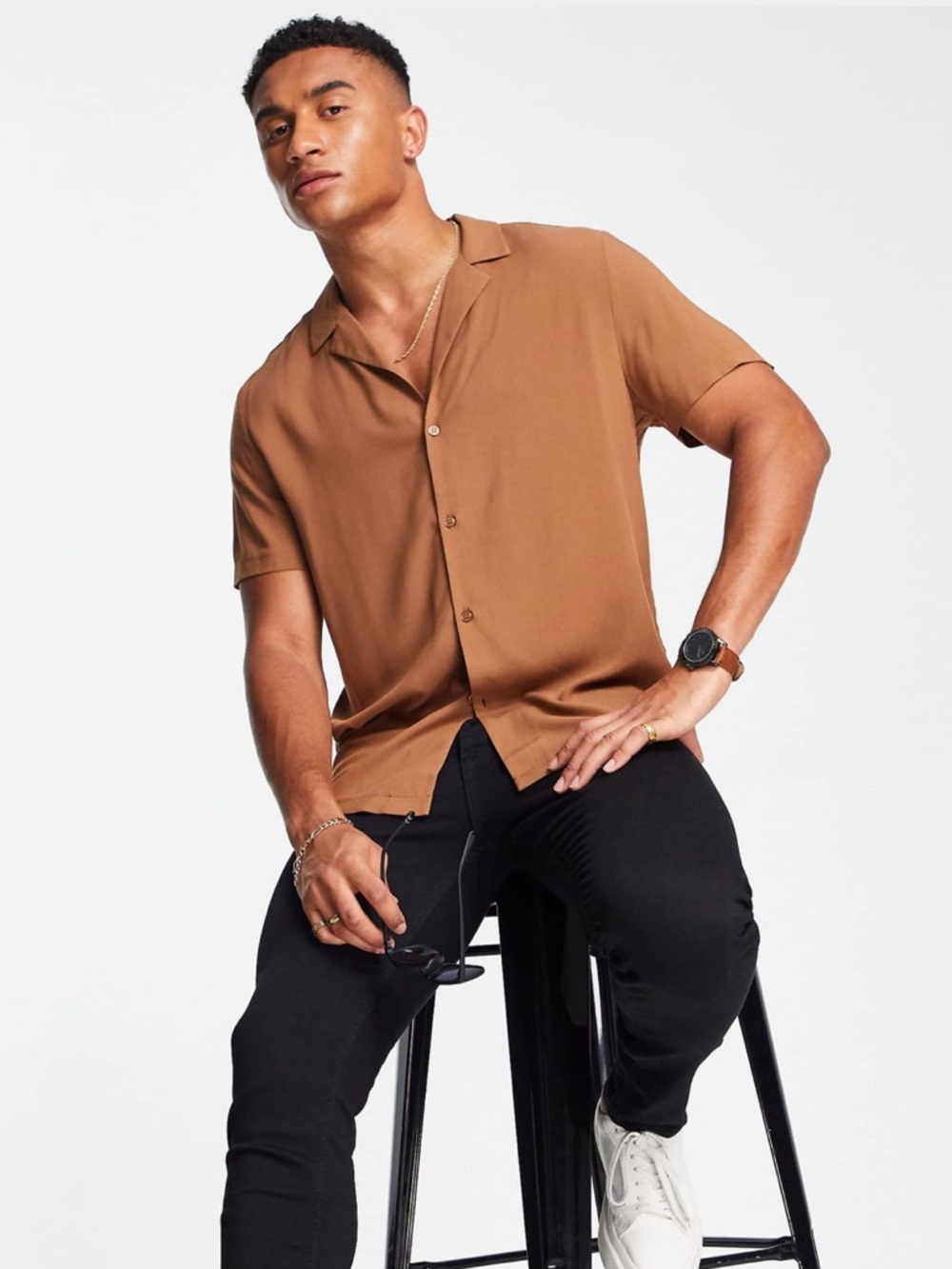 Topman Short Sleeve Button-Down Shirt in Caramel